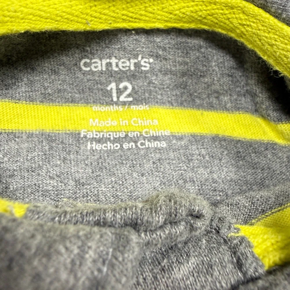 Carters Baby Boy Monkey Polo Romper Gray Yellow Striped 12 Months Short Sleeve